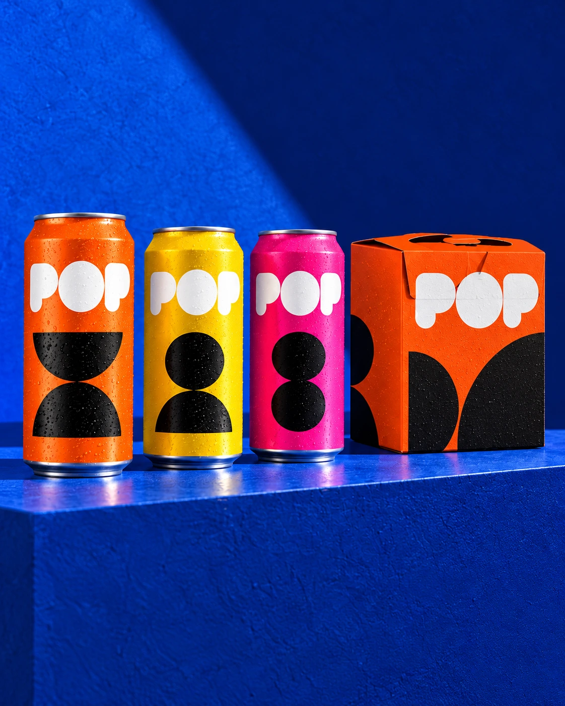 Bold orange, yellow and pink POP drinks packaging