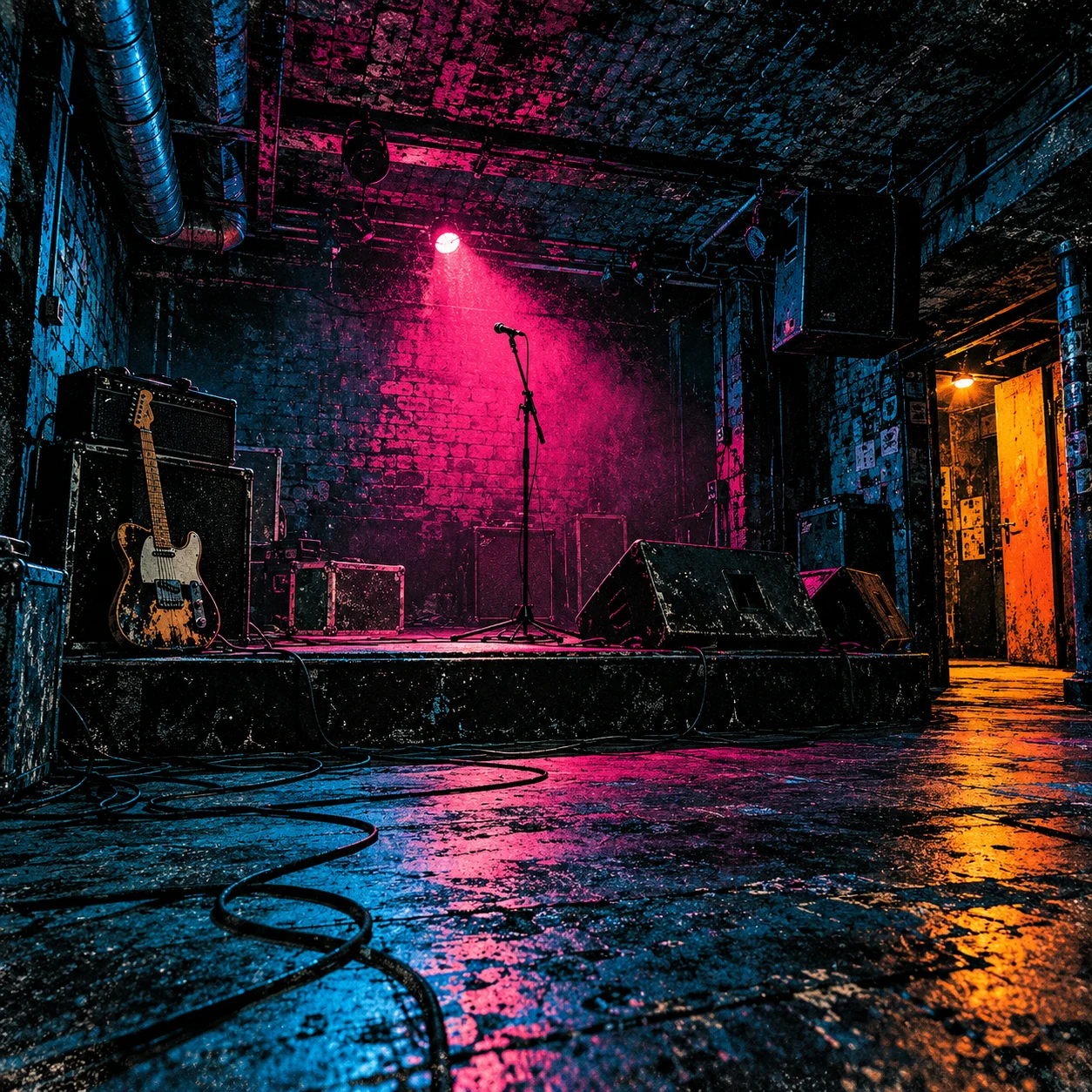 Digital artwork of an empty brick-walled basement music stage with a guitar, amplifiers and microphone beneath pink and turquoise lighting, beside an orange-lit doorway