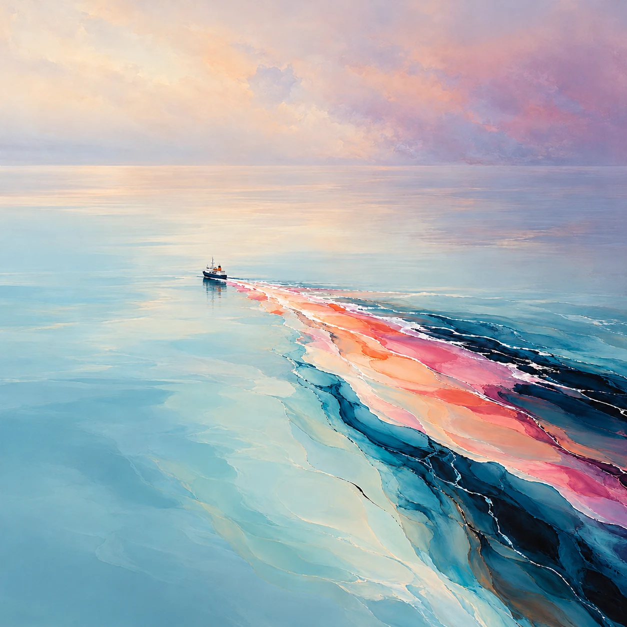 Digital artwork of a small boat crossing a calm turquoise sea, trailing a sweeping pink, peach and deep blue wake beneath a soft pastel sky
