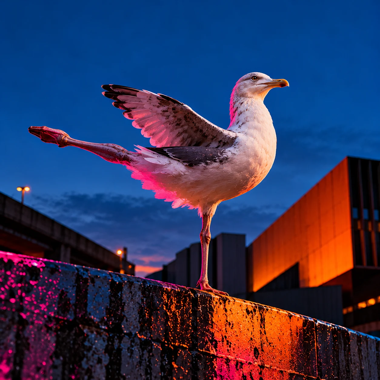 A seagull balances on one leg with its wing extended above an orange-lit wall against a deep blue sky
