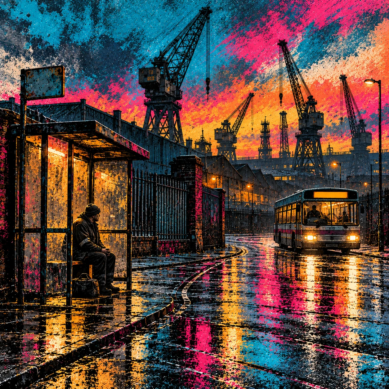 Digital artwork of a person waiting in a glowing bus shelter as a bus approaches, with shipyard cranes and vivid pink, turquoise and orange reflections on the rain-soaked street