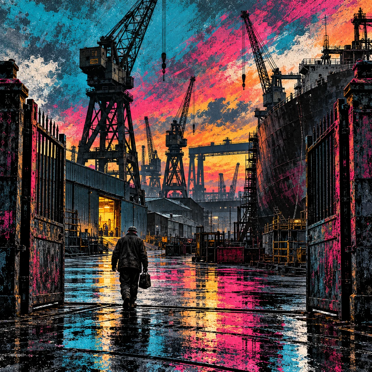 Digital artwork of a worker walking through shipyard gates beneath towering cranes, with vivid pink, turquoise and orange colour reflected on the wet ground