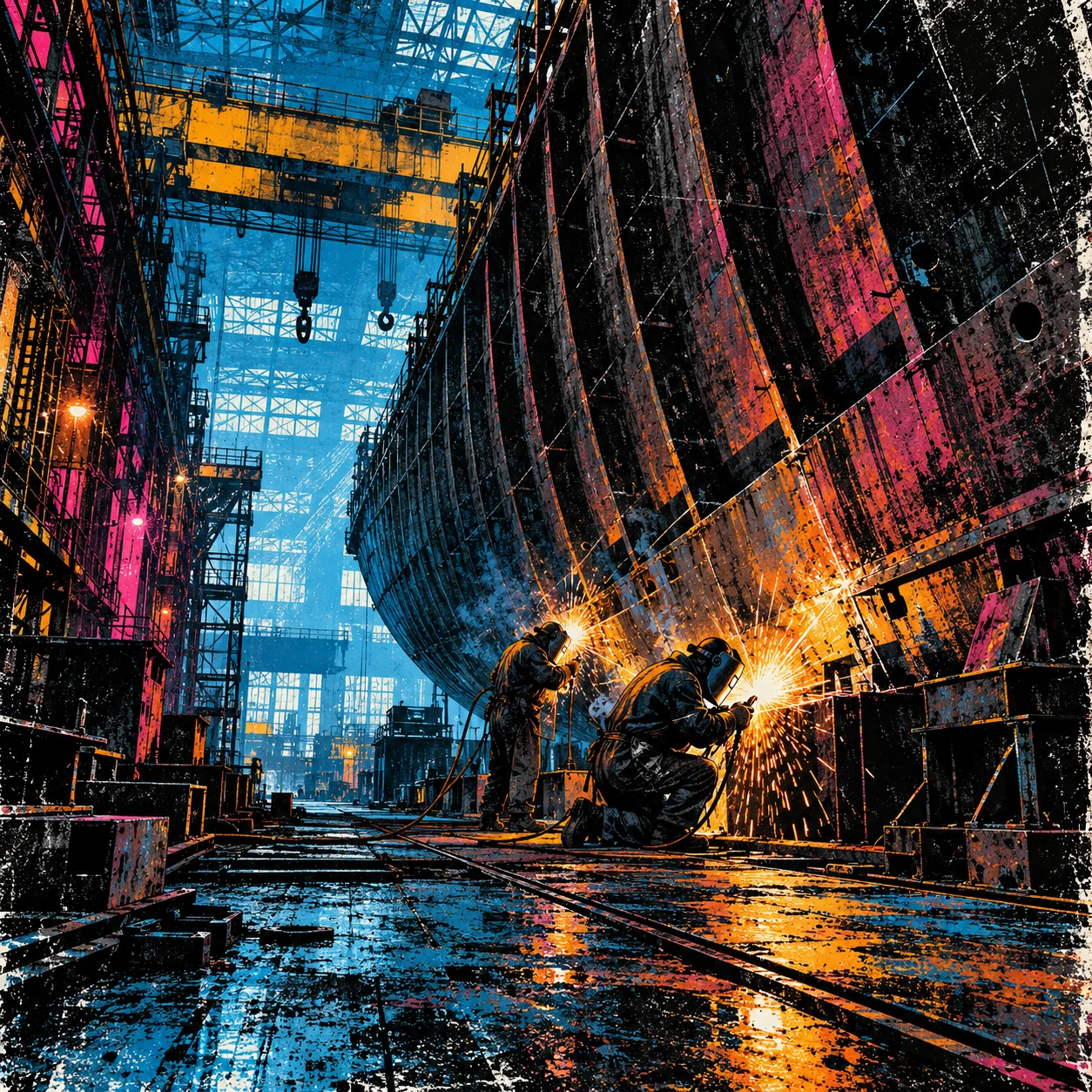Digital artwork of two welders working on a ship’s hull beneath overhead cranes, with bright orange sparks, pink and turquoise textures and reflections on the wet shipyard floor