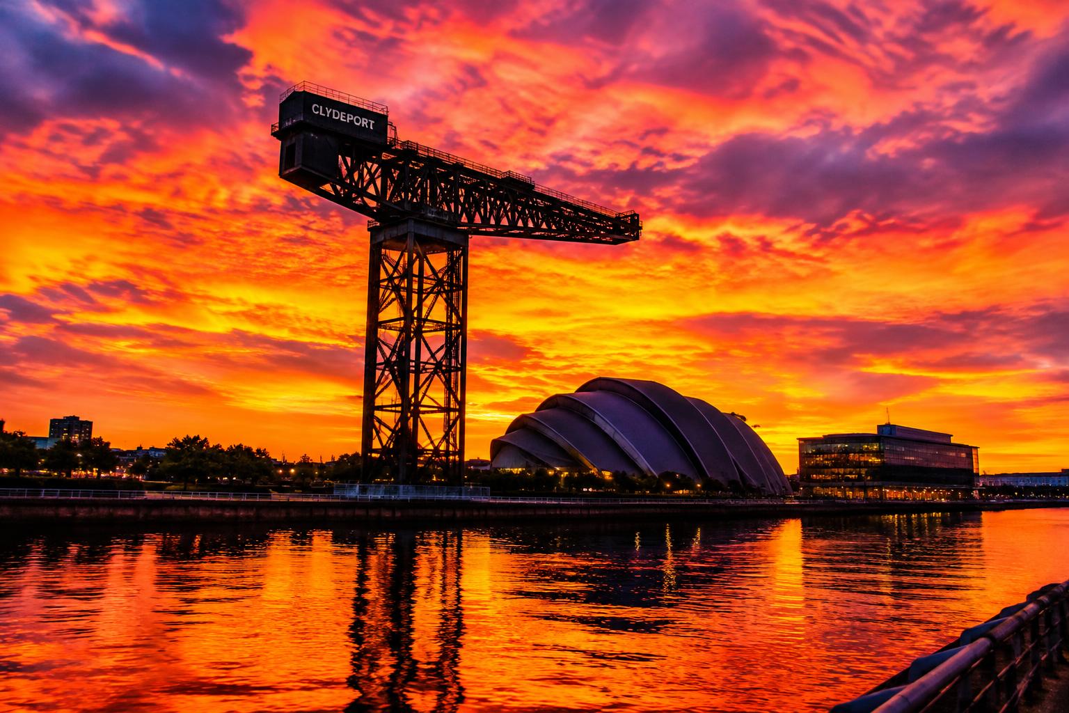 The distinctive Finnieston Crane silhouette beside the Clyde under an orange evening sky