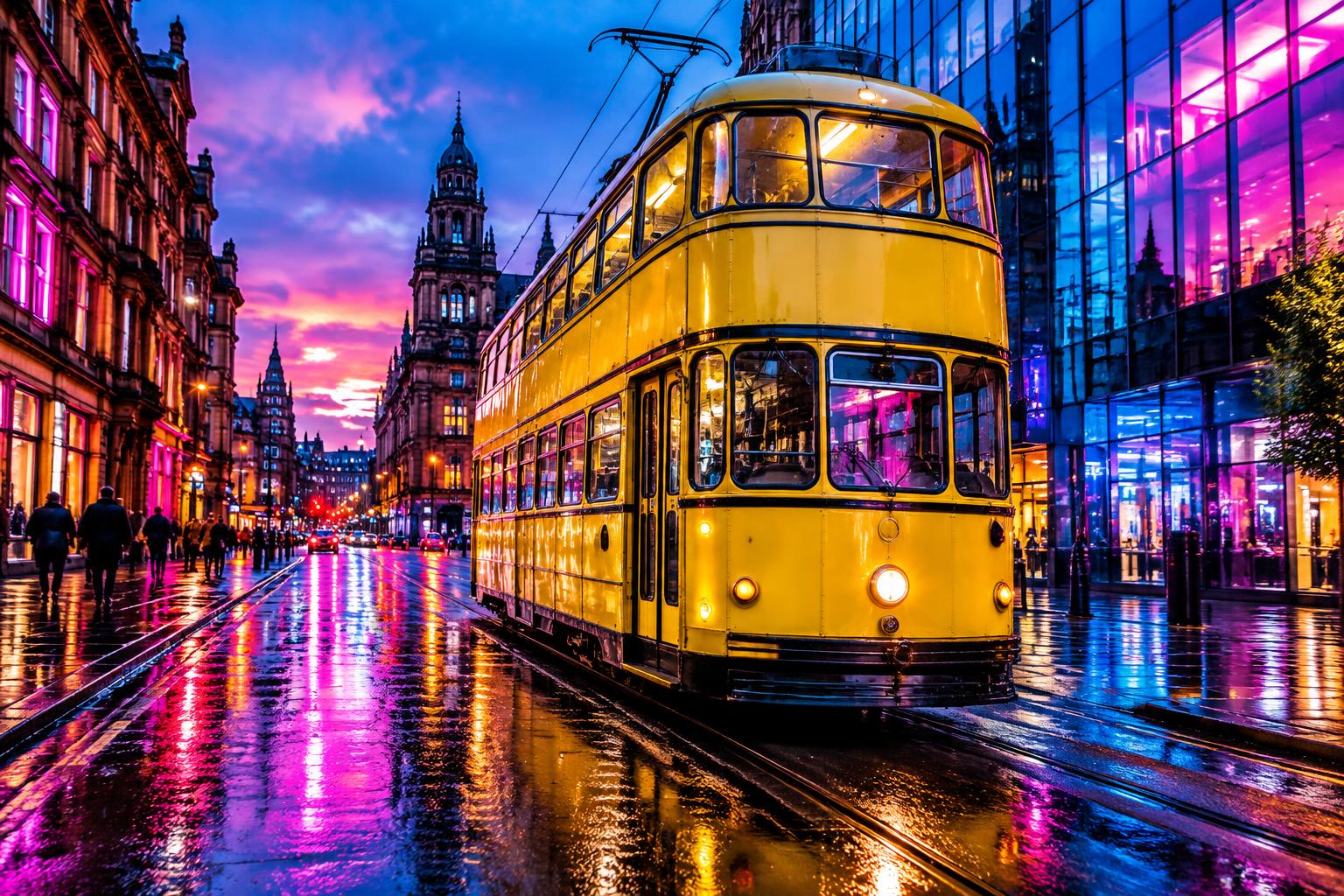 A bold coloured tram against the sky