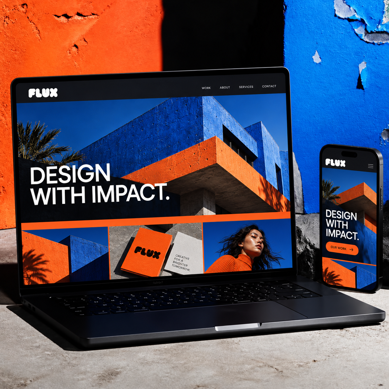 Flux Design With Impact website displayed on a laptop and phone against bold orange and blue walls.