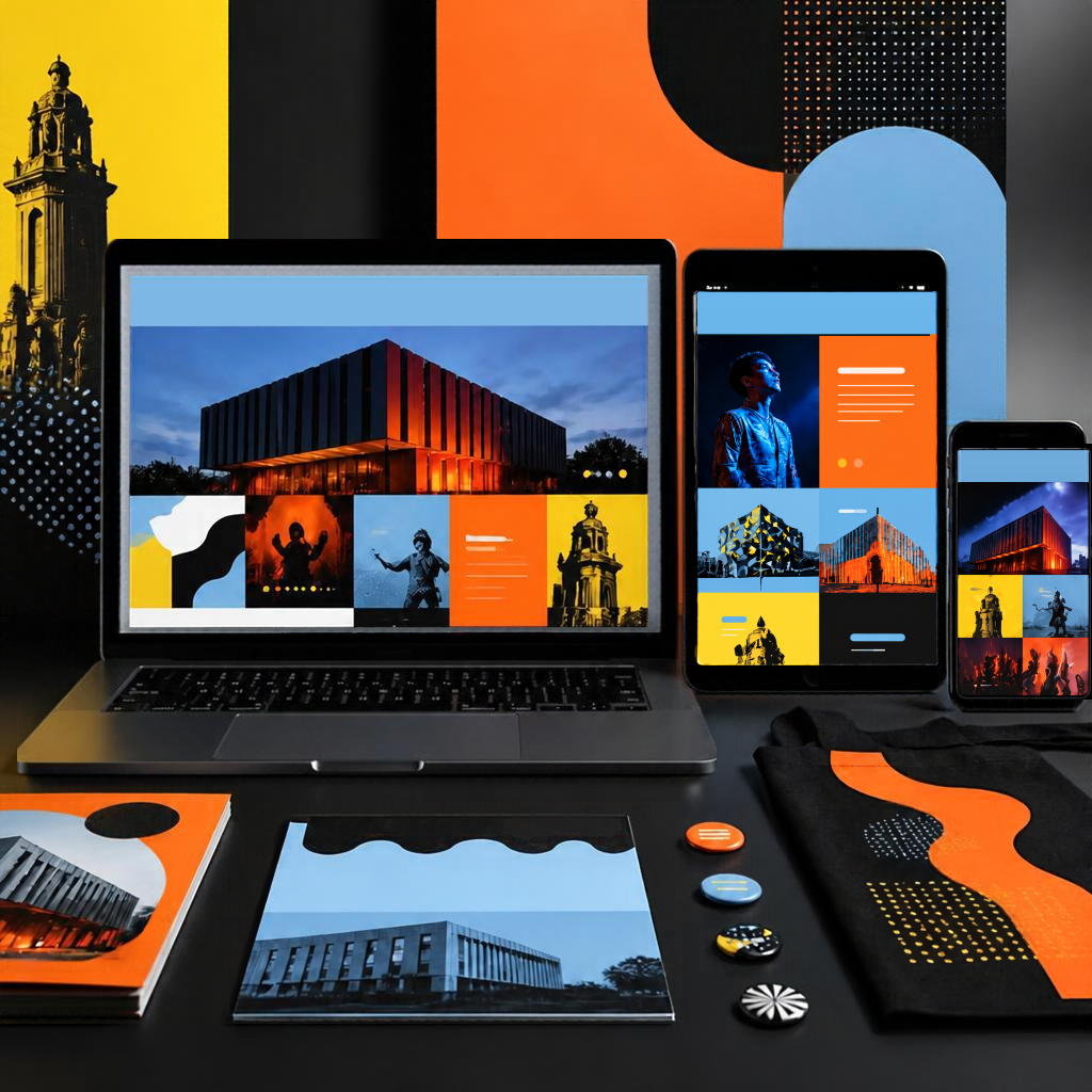 A responsive website concept shown across laptop, tablet and phone screens beside bold Glasgow-inspired graphic artwork.