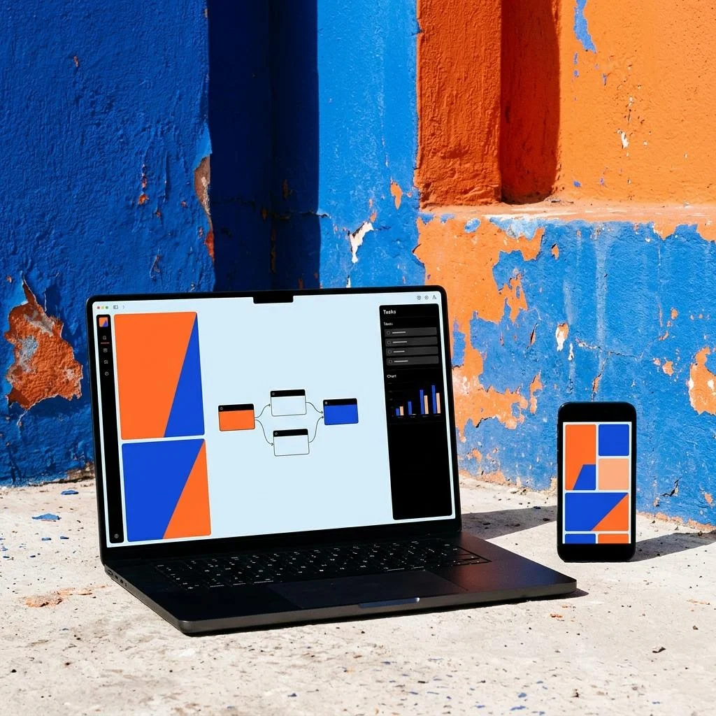 Custom software and automation on a laptop and phone against textured orange and blue walls