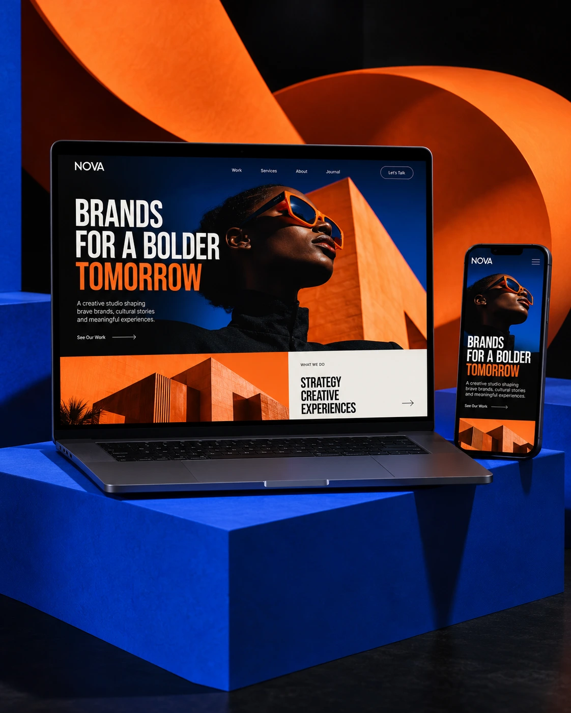 Nova website displayed on a laptop and phone against bold orange and blue forms